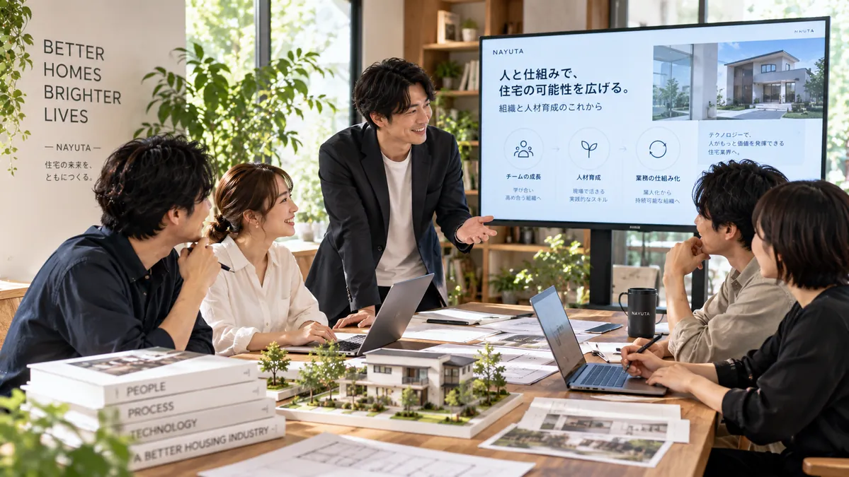 住宅・不動産会社のチームで話し合うシーン